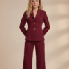 Lüks Bordo Kumaş Blazer Ceket ve Geniş Paça Pantolon Takım | Butik Kadın Giyim