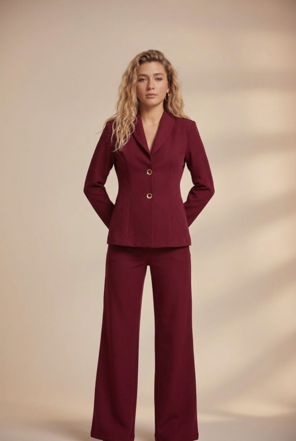 Lüks Bordo Kumaş Blazer Ceket ve Geniş Paça Pantolon Takım | Butik Kadın Giyim