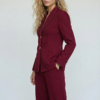Lüks Bordo Kumaş Blazer Ceket ve Geniş Paça Pantolon Takım | Butik Kadın Giyim