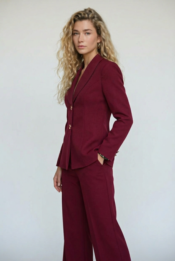 Lüks Bordo Kumaş Blazer Ceket ve Geniş Paça Pantolon Takım | Butik Kadın Giyim