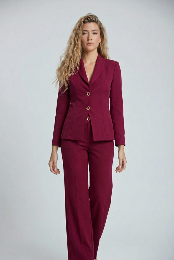 Lüks Bordo Kumaş Blazer Ceket ve Geniş Paça Pantolon Takım | Butik Kadın Giyim