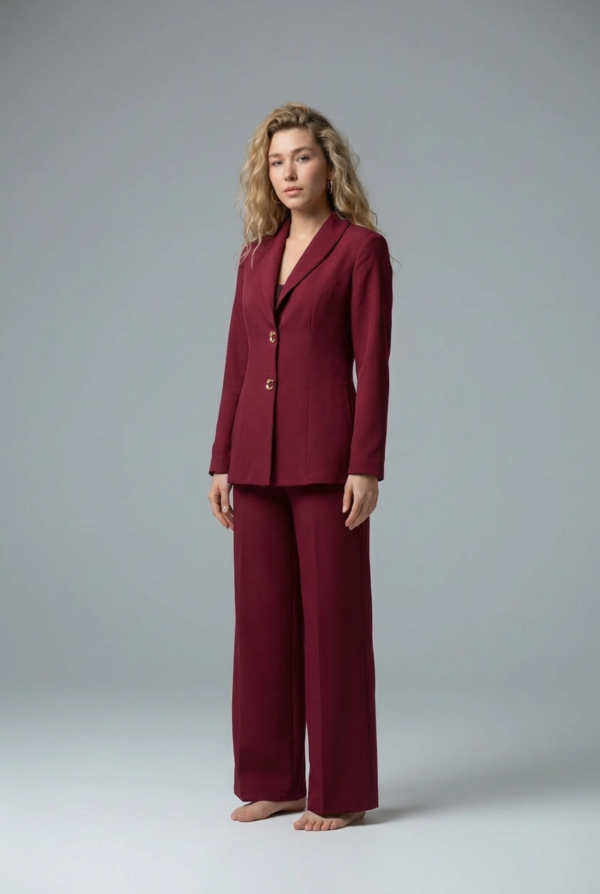 Lüks Bordo Kumaş Blazer Ceket ve Geniş Paça Pantolon Takım | Butik Kadın Giyim