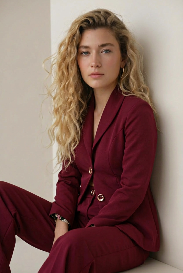 Lüks Bordo Kumaş Blazer Ceket ve Geniş Paça Pantolon Takım | Butik Kadın Giyim