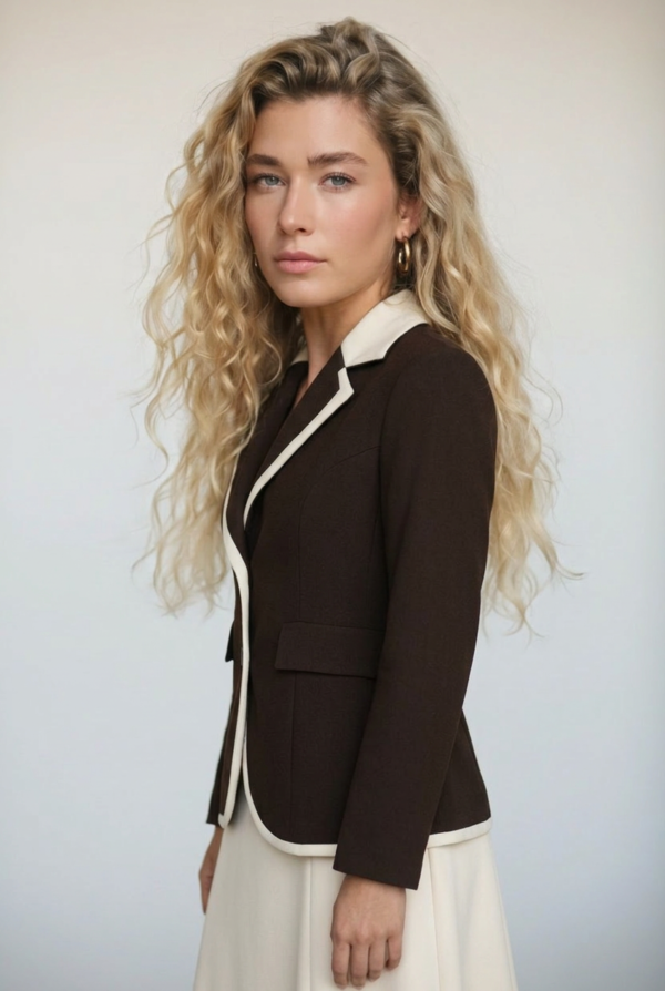 Koyu Kahve Kontrast Yakalı Blazer Ceket ve Krem A Kesim Midi Etek Takımı