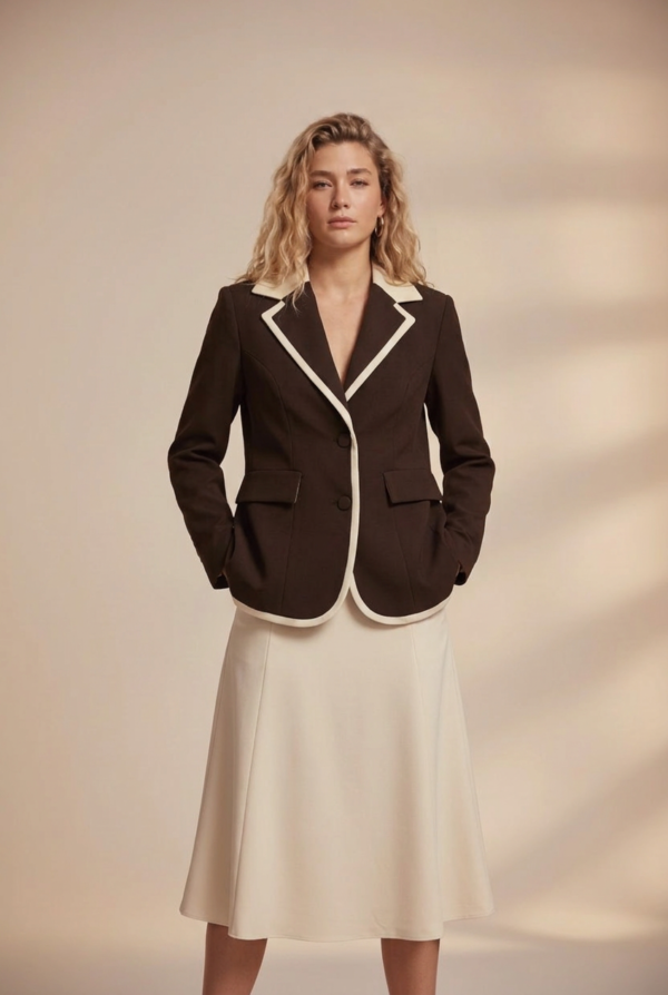 Koyu Kahve Kontrast Yakalı Blazer Ceket ve Krem A Kesim Midi Etek Takımı