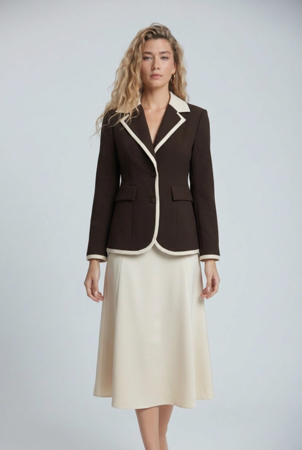 Koyu Kahve Kontrast Yakalı Blazer Ceket ve Krem A Kesim Midi Etek Takımı