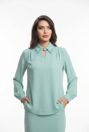 1781696595431-wqbpicb.png İnci Detaylı Yaka Vual Bluz - Mint Yeşili Kadın Ofis Bluzu