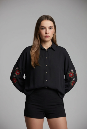 1781729527124-3di8eoi.png Lüks Viskon Kumaş Nakış Detaylı Siyah Kadın Gömlek | Butik Özel Koleksiyon