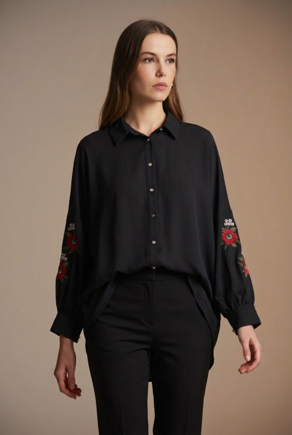 1781729532739-t61wnk5.png Lüks Viskon Kumaş Nakış Detaylı Siyah Kadın Gömlek | Butik Özel Koleksiyon
