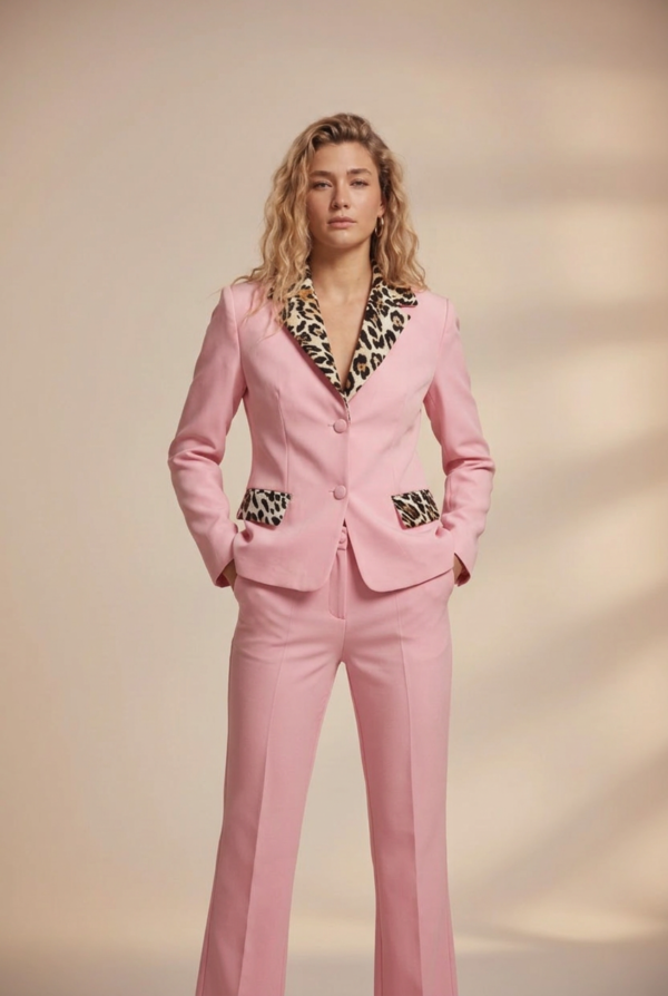 1781730522386-6yxkdnl.png Pembe Kumaş Leopar Detay Takım | Blazer ve Flared Pantolon