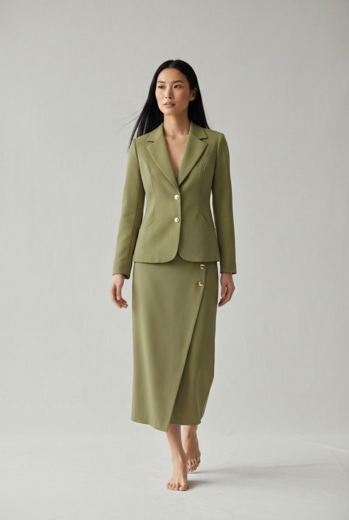 Sage Yeşil Minimalist Blazer ve Asimetrik Etek Takım Detay