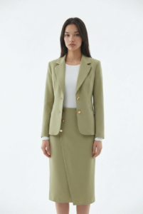 Çağla Yeşili Blazer Etek Takımı: Dokulu Kumaş, Modern Kesim