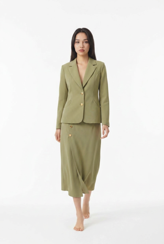 Çağla Yeşili Blazer Etek Takımı: Dokulu Kumaş, Modern Kesim Detay
